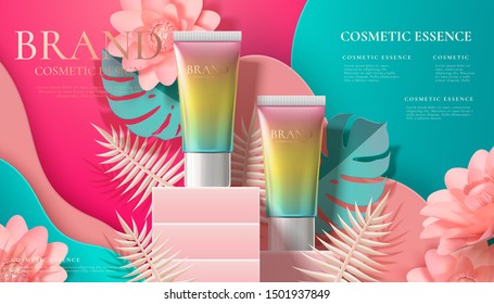 Gradient cosmetic tube ads on paper art flowers background in 3d illustration