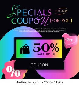 Gradient coupon banner template with coupon code, shopping icon, percent price off. Gift voucher giveaway banner template in 3d vector