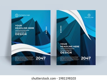 Diseño de la cubierta degradada con color corporativo azul. El diseño de libros de negocios puede ser utilizado para afiches, banners, volantes, tarjetas de visita y mucho más. Fondo ondulado con esquema azul oscuro