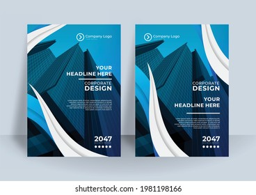 Gradient cover design with blue corporate color. Business book design  can be use for poster, banner, flier, business card, and much more. Wave background with dark blue scheme