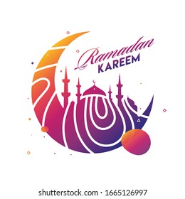 Gradient Crescent Moon with Mosque on White Background for Ramadan Kareem Celebration Concept.