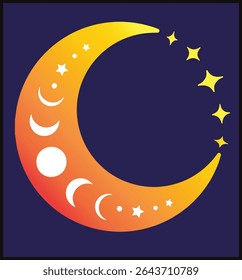 Gradient Crescent Moon with Stars and Phases


