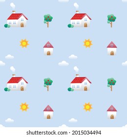 Diseño de patrón vectorial de la casa mínima del garabato del garabato de corte de gradiente con fondo azul claro editable. Ropa de ilustración de dibujos animados, alfombra picnica, patrón de tela, textil, mosaico, escarcha, papel de envolvimiento.