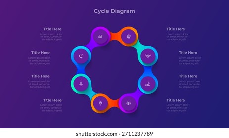 Diagrama de ciclo de degradado con 8 pasos. Infografía circular de ocho partes para datos y estrategia