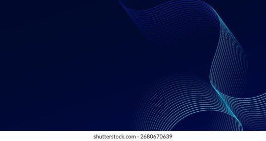 Um fundo azul profundo gradiente apresenta linhas turquesas dinâmicas e fluentes que criam um padrão moderno, tecnológico e visualmente envolvente com curvas suaves e movimento elegante