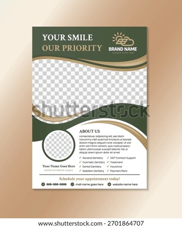 Gradient dental clinic poster template with example of headline is your smile, our priority. vertical layout flyer with space for photo.