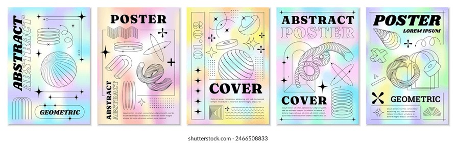 Gradient design. Aesthetic posters. Retro hologram shapes. Y2k abstract pastel graphic. Brochure layout. Futuristic blur background. Geometric minimal figures. Line space forms. Vector 90s banners set