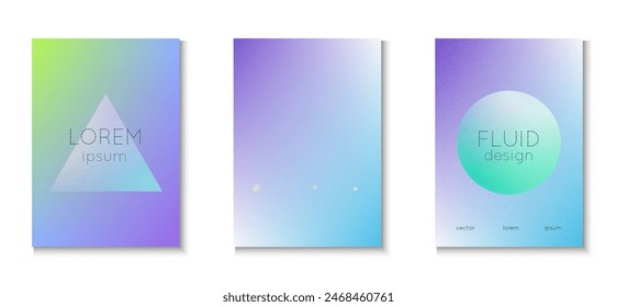 Diseño de degradado. Colección de tendencia geométrica. Holograma Placard. Conjunto holográfico violeta granulado. Elementos elegantes. Póster 3d de grano. Forma Abstractas. Diseño de degradado púrpura