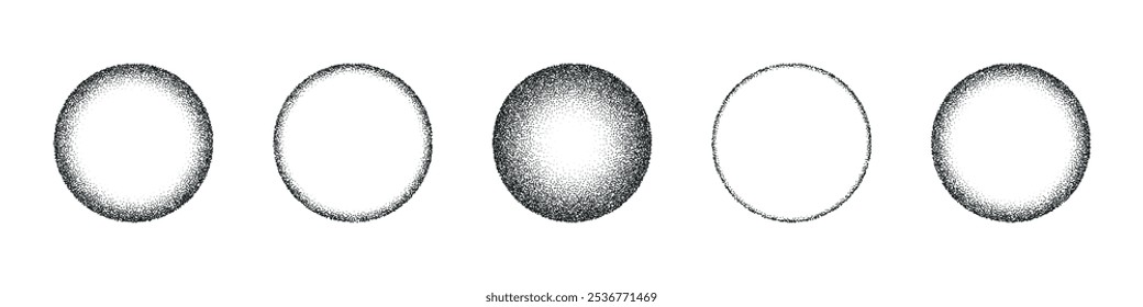 Ponto de gradiente com grão e ruído, esfera texturizada. Círculo pontilhado e sombra abstrata com lua como padrão granulado. Ilustração de vetor plano isolada em fundo branco.