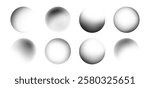 Gradient dot spheres set isolated on white background. Vector realistic illustration of dotwork balls with grainy halftone texture, black and gray paint spray radial figure, grungy art elements