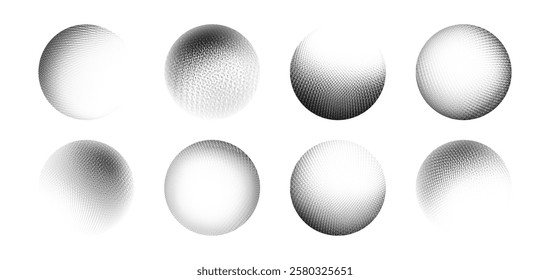 Gradient dot spheres set isolated on white background. Vector realistic illustration of dotwork balls with grainy halftone texture, black and gray paint spray radial figure, grungy art elements