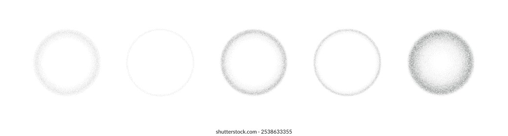 Pontos de gradiente com textura granulada e efeito de ruído. Esfera de meio-tom circular com padrão de spray e textura de pincel. Ilustração de vetor plano isolada em fundo branco.