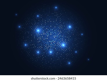 The gradient dots from light to dark blue enhances the depth and dimensionality, interconnected web of glowing nodes against a dark blue background