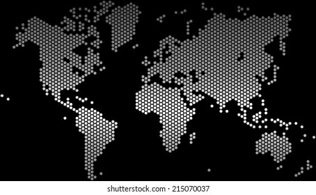 Gradient dots world map on black background, vector illustration.