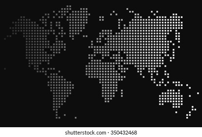 Gradient dots world map on black background, vector illustration.