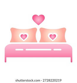 Gradient double bed with heart icon for Valentine’s Day. Soft romantic bedroom, love, relationship, honeymoon, hotel, dating, and wedding night symbol for card, app, logo, and social media design.
