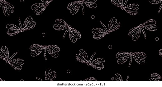 Libélula gradiente com ponto polka padrão sem emenda. Ornamento de ilustração de vetor de inseto repetido. Desenho de linha y2k design para têxtil, tecido, fundo, embalagem.