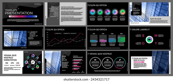 Elementos degradados de infografías sobre fondo negro. Uso en plantillas de presentación, folleto y folleto, informe corporativo, marketing, publicidad, informe anual y banner.