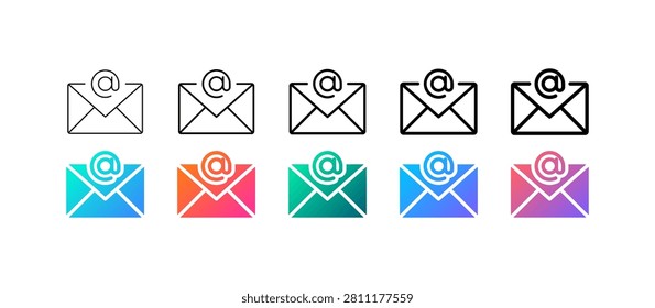 Gradient Email Message Address Icon Collection : Email envelope and at symbol icon set in line and gradient color styles for inbox, contact, message, support, and newsletter themes.	