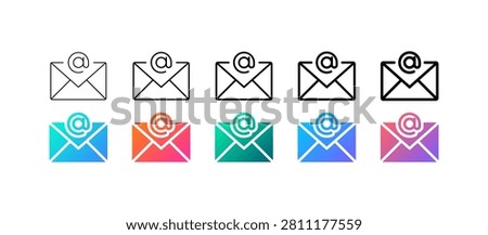 Gradient Email Message Address Icon Collection : Email envelope and at symbol icon set in line and gradient color styles for inbox, contact, message, support, and newsletter themes.	