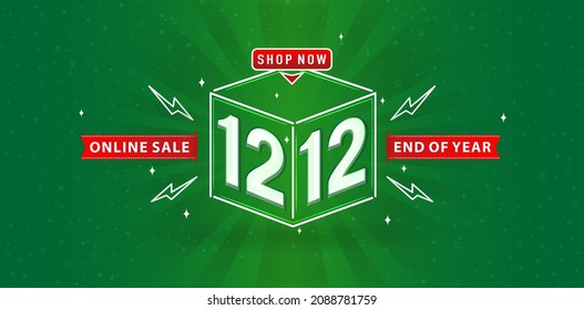 gradient emerald green background of 12.12 end year sale illustration Cube model number sign red ribbon, for online shop sign, poster, flyer, social media banner, label promotion store and web banner.