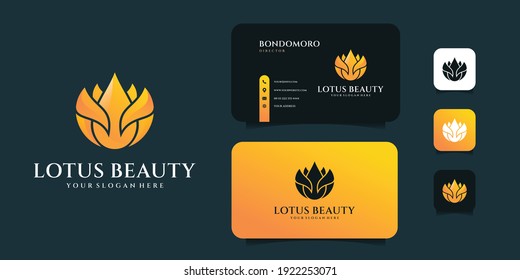 Vector del logotipo del loto femenino degradado con plantilla de tarjeta de visita. El logotipo se puede utilizar para ícono, marca, identidad, creativo, spa, decoración, salud, yoga y empresa de negocios