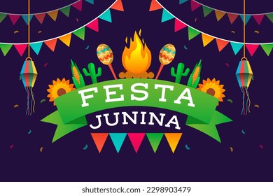 gradient festa junina background with fire, maraca, cactus, and flowers