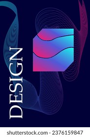 Gradient figure poster design. Volumetric geometric figure with neon gradient. Cube at background of curved lines and fluids. Futuristic cover or banner. Isometric vector illustration