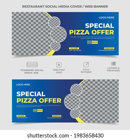 gradient fill restaurant discount banner template, yellow and deep blue color in template, professional restaurant banner design, template can use as social media cover, muti purpose, smart web banner