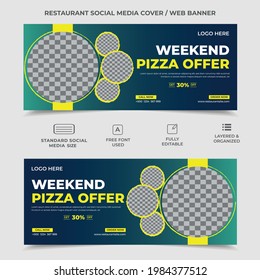 gradient fill restaurant discount banner template, yellow and deep blue color in template, professional restaurant banner design, template can use as social media cover, vector, smart web banner