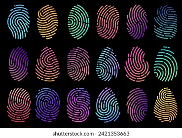 Gradient fingerprints. Colors digital identification. Biometric verification. Security scanning. Fingermark screening. ID authentication. Thumbprints scanner. Vector