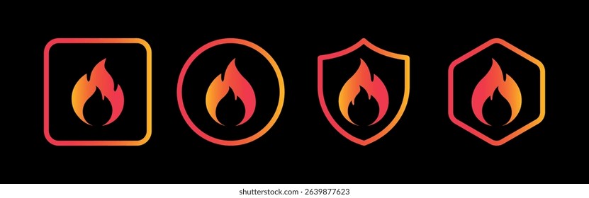 Gradient Fire or Flame Icon Buttons Set Vector Design in Square, Circle,  Shield and Hexagon Shapes. Fiery, Flammable Symbol Flat Logo Template for Web, App and Branding.	