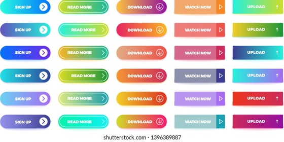 Gradient flat design button set. Modern rose gold silver color buttons with icons. Web and ui application actions gradient navigation interface button sign up, read more and watch now isolated vector 