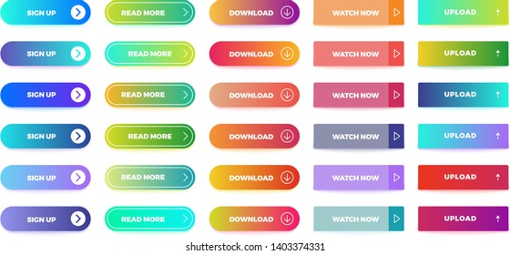 Gradient flat design button set. Modern vivid color buttons with icons. Web and ui application actions gradient navigation interface button sign up, read more and watch now isolated vector symbols