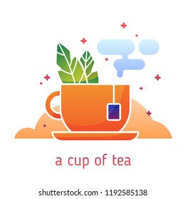 Gradient flat icon cup of tea. Orange cup with tea bag, green leaves and clouds isolated on white background. Trendy vector illustration for web and mobile design