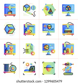 Gradient flat icons set of 3D printing and 3D modeling. Suitable for presentation, mobile apps, website, interfaces and print