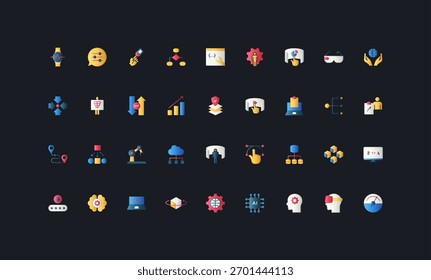 Farbverlauf-Flachbild-Symbole mit künstlicher Intelligenz, maschinellem Lernen, neuronalen Netzwerken, Automatisierung, Datenanalyse und Robotik auf dunklem UI-Hintergrund, Vektorgrafik.