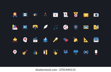 Gradient flat style icons set with creativity, art, design, music, video, writing, photography, and award elements on dark UI background vector illustration.