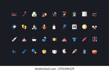 Gradient flat style icons set with baby care, feeding, toys, hygiene, clothing, and playtime objects on dark UI background vector illustration - diverse essentials for infants and toddlers.