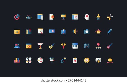 Video Conjunto de iconos de estilo plano degradado con audio, música, edición, uso compartido, juegos y Elementos de producción creativa en la Ilustración vectorial de fondo de interfaz de usuario oscura.
