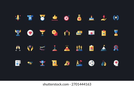 Ícones de estilo plano de gradiente definidos com troféus, medalhas, certificados, pódios, apertos de mão, dinheiro e símbolos de conquista na ilustração vetorial de fundo de IU escura.