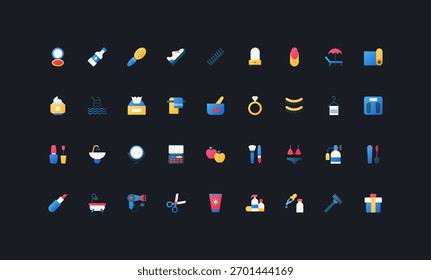 Ícones de estilo plano de gradiente definidos com beleza, cuidados com a pele, cosméticos, bem-estar, preparação e autocuidado essenciais na ilustração vetorial de fundo de IU escura para estilo de vida moderno e cuidados pessoais.