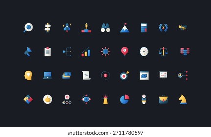 Gradient flat style icons set with business strategy, analytics, finance, planning, leadership, and teamwork concepts on dark UI background vector illustration.