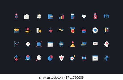 Gradient flat style icons set with business, finance, analytics, communication, management, and marketing elements on dark UI background vector illustration.
