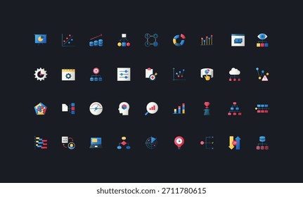 Ícones de estilo plano de gradiente definidos com business intelligence, lógica analítica, visualização de dados, gráficos, diagramas, painéis e elementos de fluxo de trabalho na ilustração de vetor de plano de fundo de interface de usuário escura.
