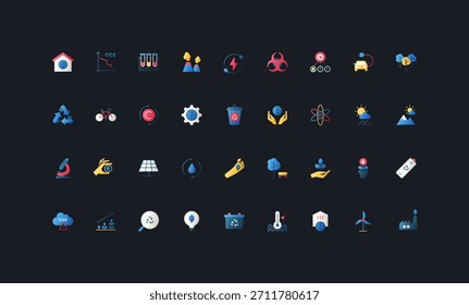 Gradient flat style icons set with carbon dioxide, energy, recycling, climate, renewable, pollution, and environmental science on dark UI background vector illustration.