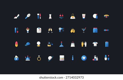 Gradient flat style icons set with fashion accessories, beauty products, clothing, jewelry, cosmetics, and grooming essentials on dark UI background vector illustration.