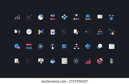 Farbverlauf flache Stil-Symbole mit Datenanalyse, Big Data, Cloud Computing, Codierung, Diagrammen, Grafiken und Prozessvisualisierung auf dunklen UI Hintergrund Vektorgrafik gesetzt.