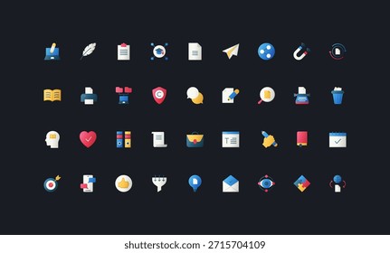 Ícones de estilo plano de gradiente definidos com as ferramentas de redação, criação de conteúdo, edição, comunicação, pesquisa e produtividade na ilustração vetorial de plano de fundo da interface de usuário escura.