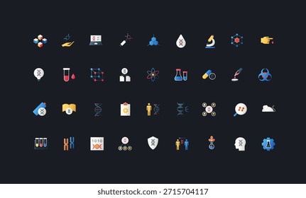 Ícones de estilo plano de gradiente definidos com DNA, genética, biologia molecular, laboratório, pesquisa de genoma e elementos de ciência médica na ilustração de vetor de fundo de IU escura.